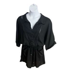 Black Linen Button Up Romper Plus Size 2X Tie Waist Short Sleeve Pockets Summer